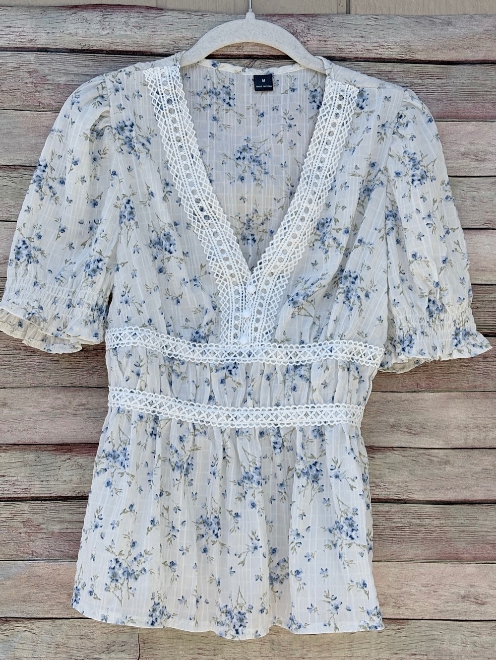 Y2K Babydoll V-Neck Women's M Blue  Floral Lace Peplum Boho Romantic Cottagecore